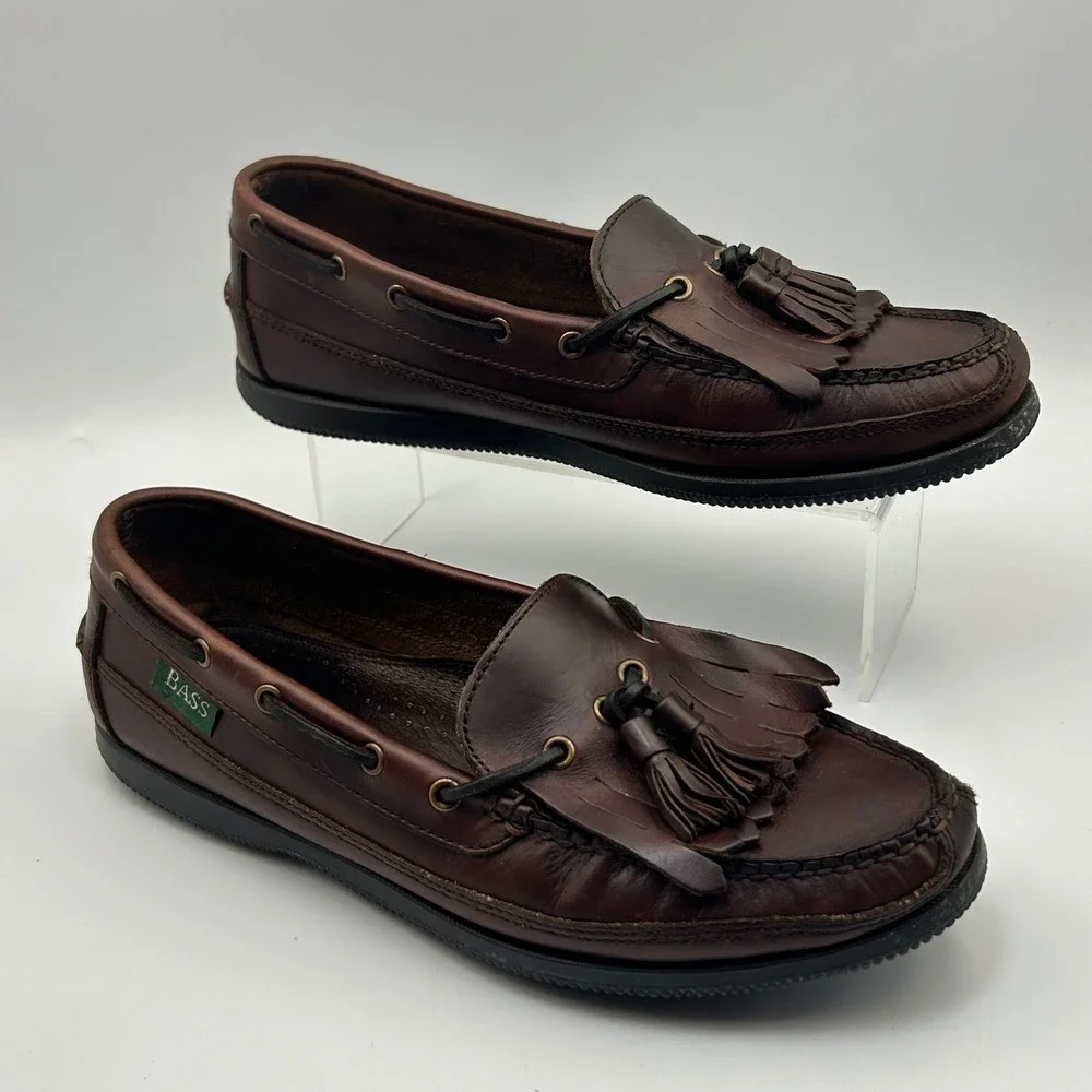 Bass Flint Loafers Mens 10 M Brown Leather Kiltie Tassel Preppy Dark Academia